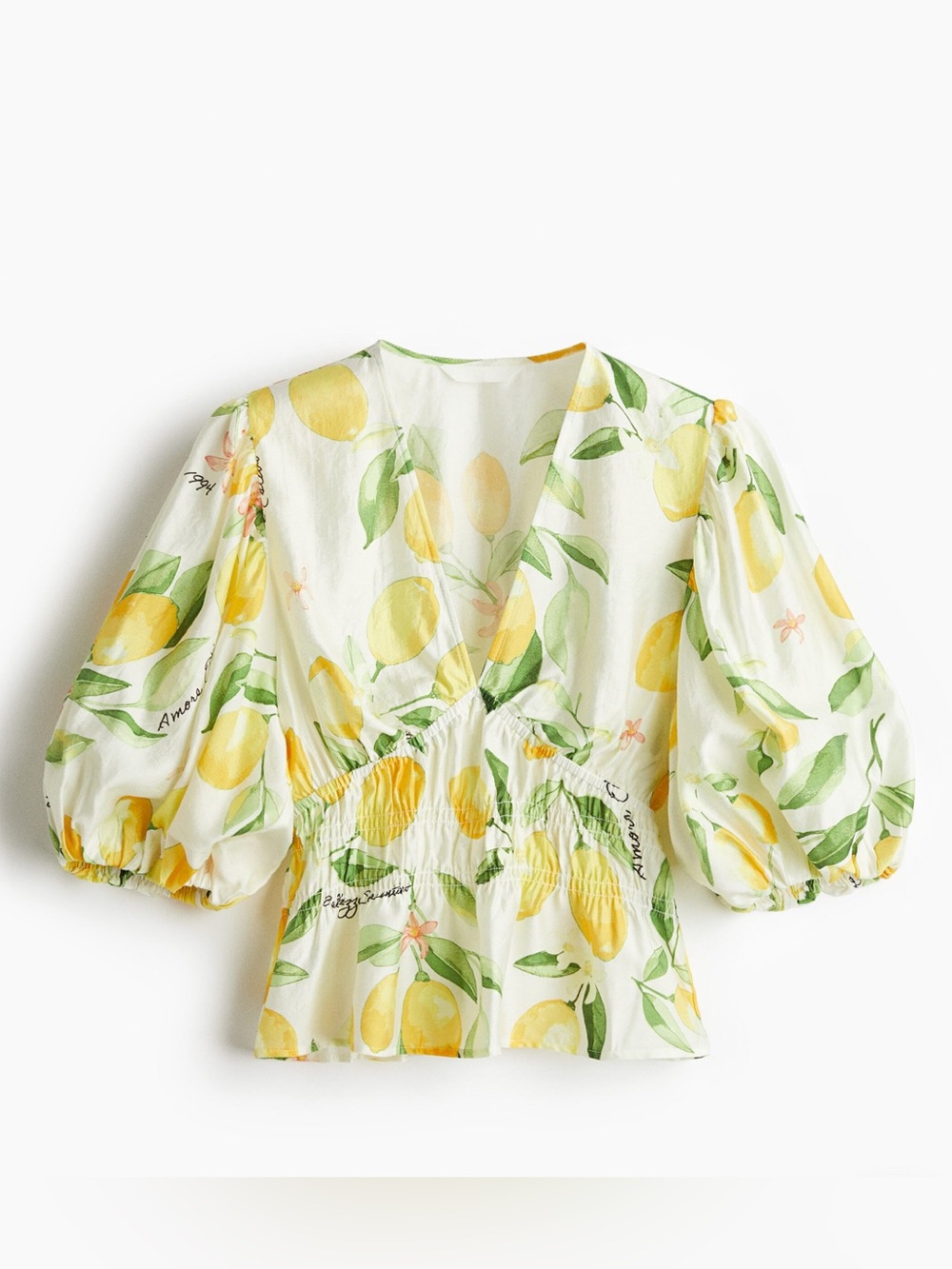 H&M White Lemon-Print V Neck Blouse Balloon Sleeves | Size XXL